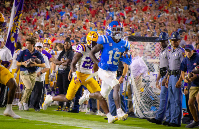 Ole Miss wide receiver Dayton Wade runs in the open field against LSU at Vaught-Hemingway Stadium in Oxford, Miss.